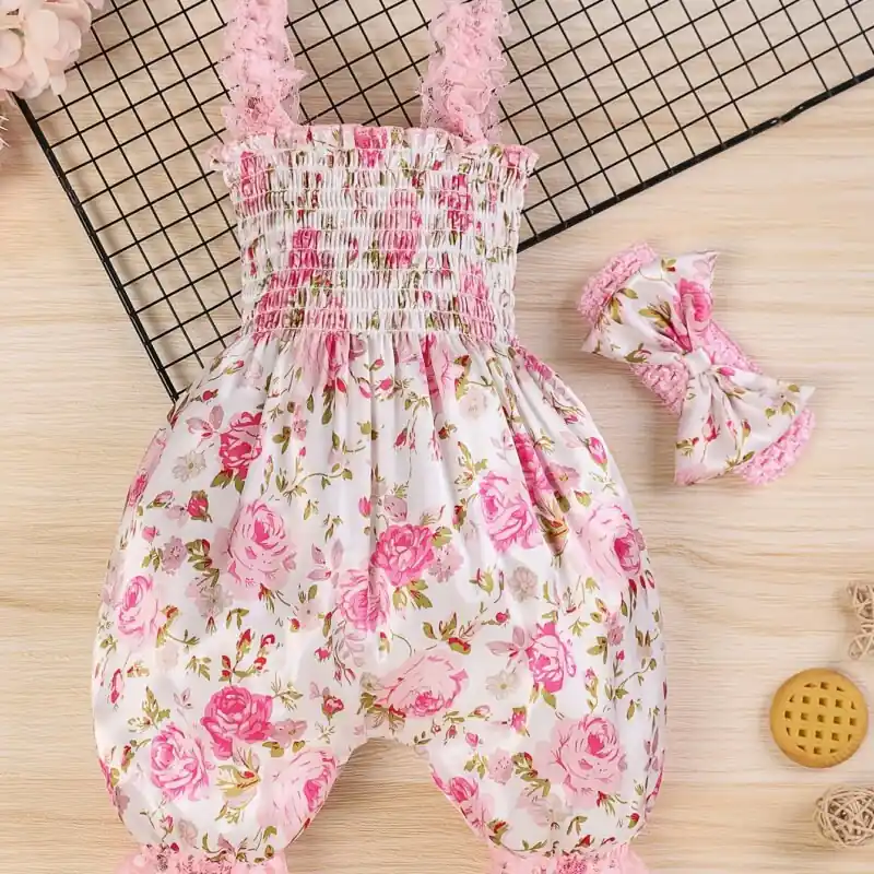 Chic Floral Print Baby Girl Romper Headband Set Thin Strap Bodysuit