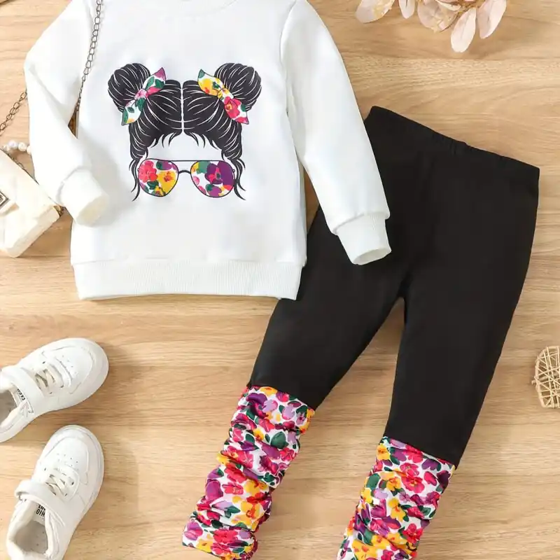 Girls 2pcs Floral Sweatshirt Pants Set Kids Spring Fall Outfit