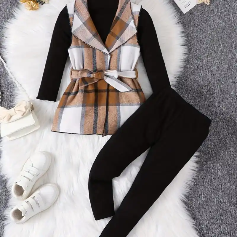 Girls 3pcs Elegant Plaid Outfit Sleeveless Jacket Pullover Pants Kids Springfall Clothing Set