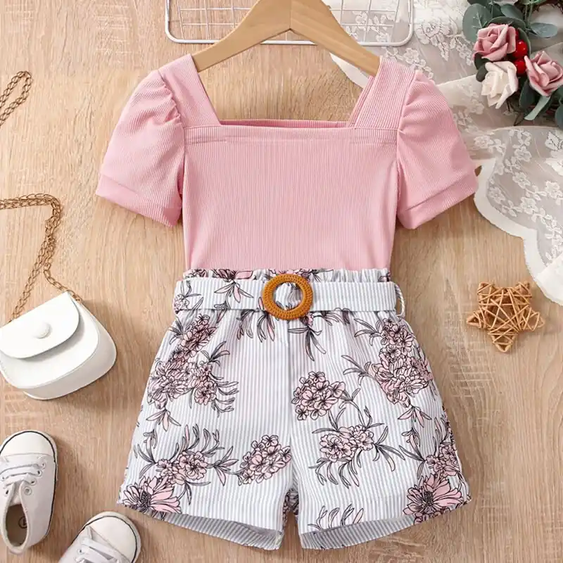Girls Summer 2pc Set Puff Sleeve Top Striped Floral Shorts With Belt