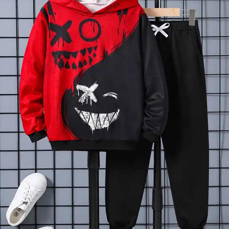 Boys 2pcs Funny Face Print Hoodie Sweatpants Set Spring Fall Outfit