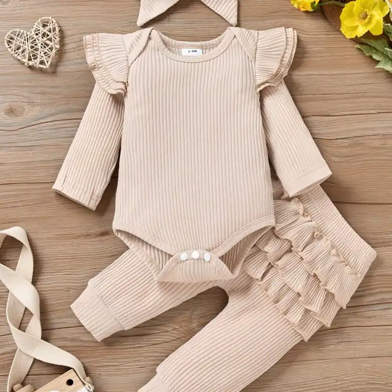 Newborn Baby Girl 3pc Outfit Set Ruffle Romper Pants Headband 018m