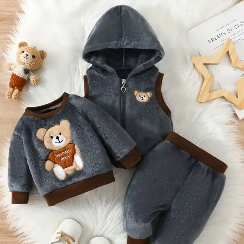 3pcs Baby Boys Embroidered Bear Fleece Outfit Hooded Vest Sweatshirt Pants Set Ideal Fall Winter Baby Gift