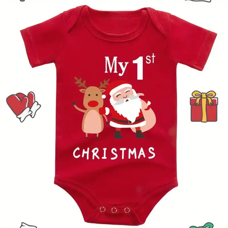 1st Christmas Newborn Romper Cute Shortsleeve Elk Santa Jumpsuit For Babies