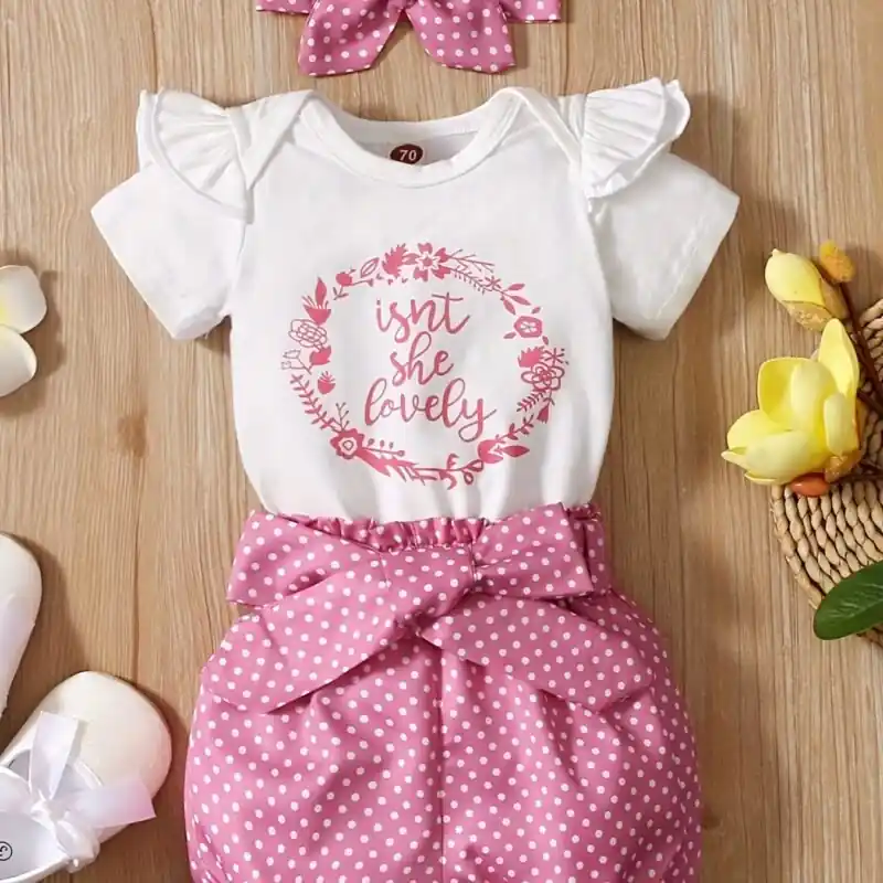 Cute 3pcs Baby Girl Cotton Onesie Polka Dot Shorts Headband Set
