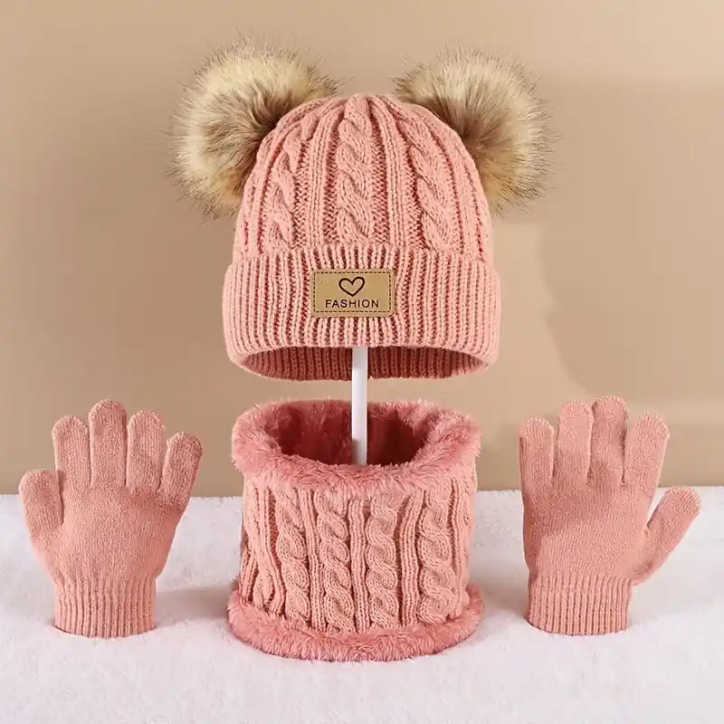 3pcs Kids Winter Set Knit Pom Pom Hat Scarf Gloves For Boys Girls