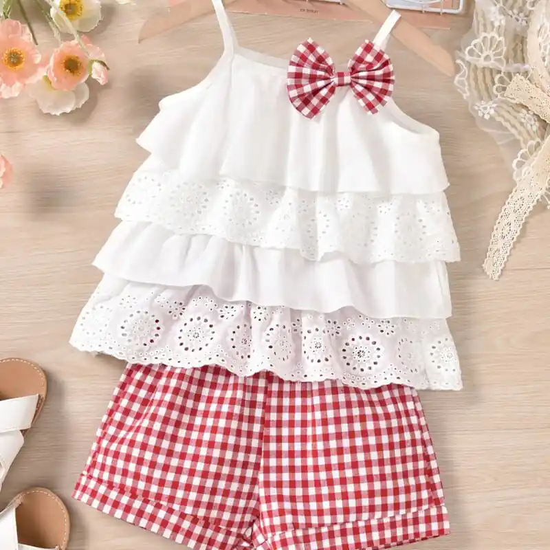 2pcs Summer Girls Set Ruffled Floral Bow Top Plaid Shorts