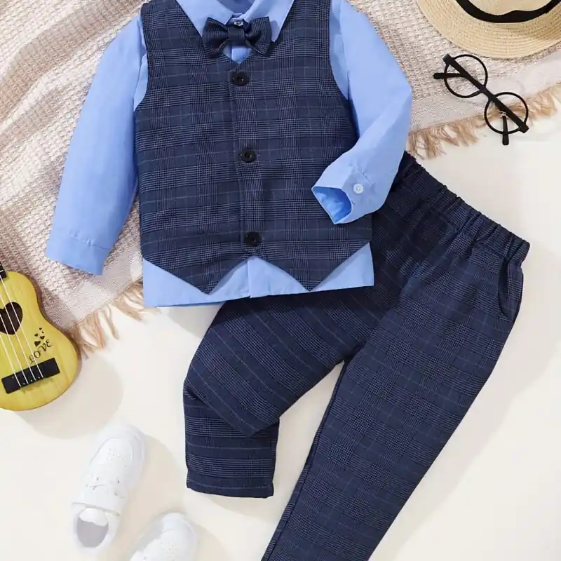 3pcs Boys Baby Gentleman Set Bowtie Shirt Vest Pants Birthday Party Costume
