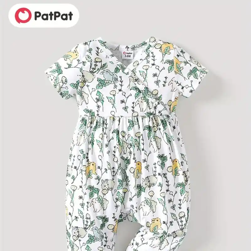 Patpat Summer Baby Girl Rabbit Print Shortsleeve Vneck Jumpsuit