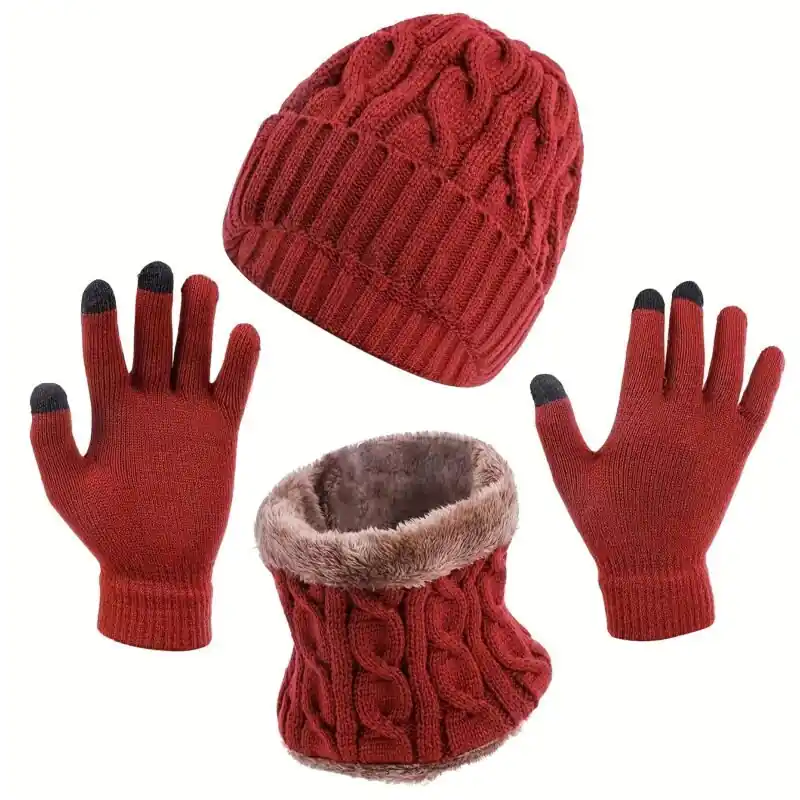 Womens Winter Knit Set Thickened Windproof Hat Scarf Gloves Combo
