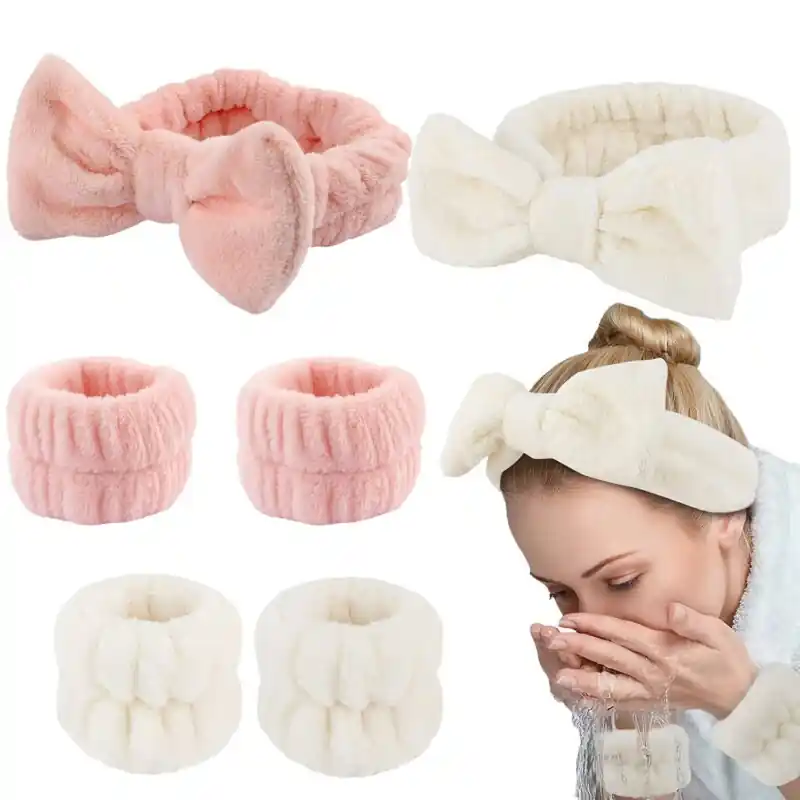 Womens 3piece Spa Headband Set Cute Bow Hair Wristband For Skincare