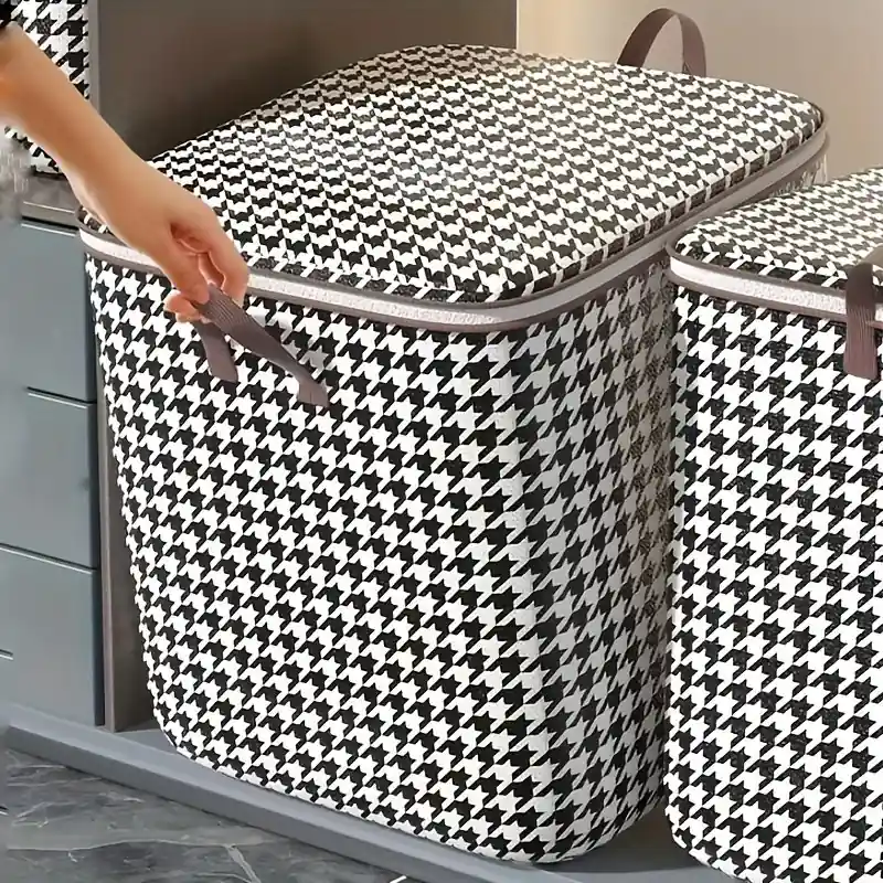 Large Waterproof Houndstooth Patterned Fabric Clothes And Quilt Storage Bag