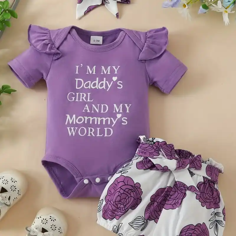 Daddys Girl Mommys World Baby Girl Onesie Floral Shorts Headband Set