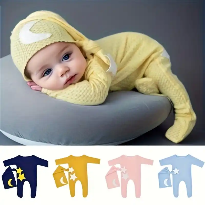 2pc Baby Knitted Jumpsuit Long Tail Hat Stars And Moon Design