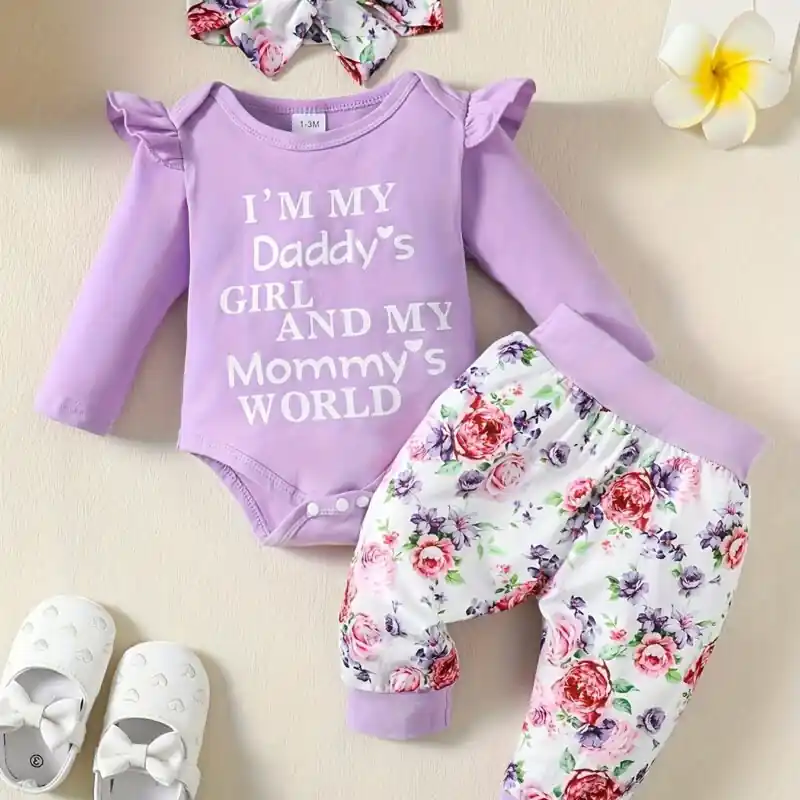 Adorable Infant Baby Romper Set With Floral Print Pants Headband