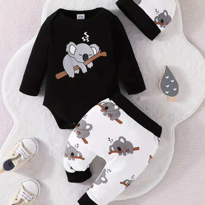 Newborn Boys Cotton Bodysuit Set With Koala Print Long Sleeve Pants Hat