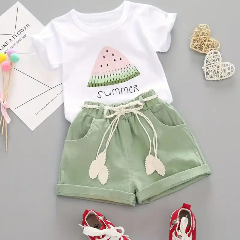Baby Girls Breathable Watermelon Print Summer Tshirt Shorts Set