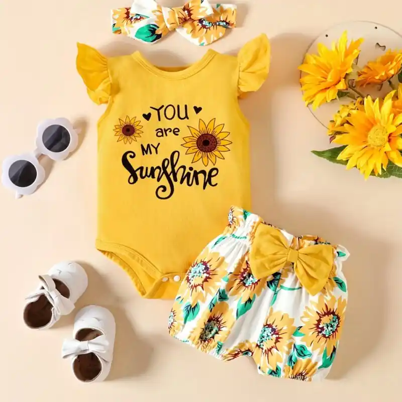 2piece Sunshine Onesie And Floral Shorts Set With Headband For Infant Girls