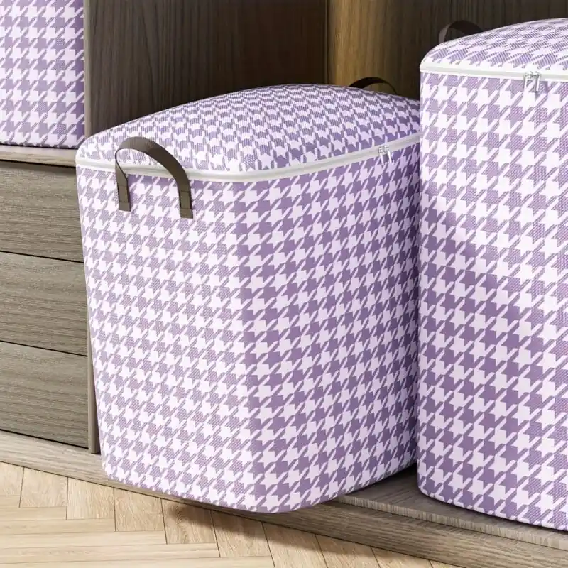 Houndstooth Pattern Zipper Clothes Organizer Versatile Dustproof Storage Box 1pc