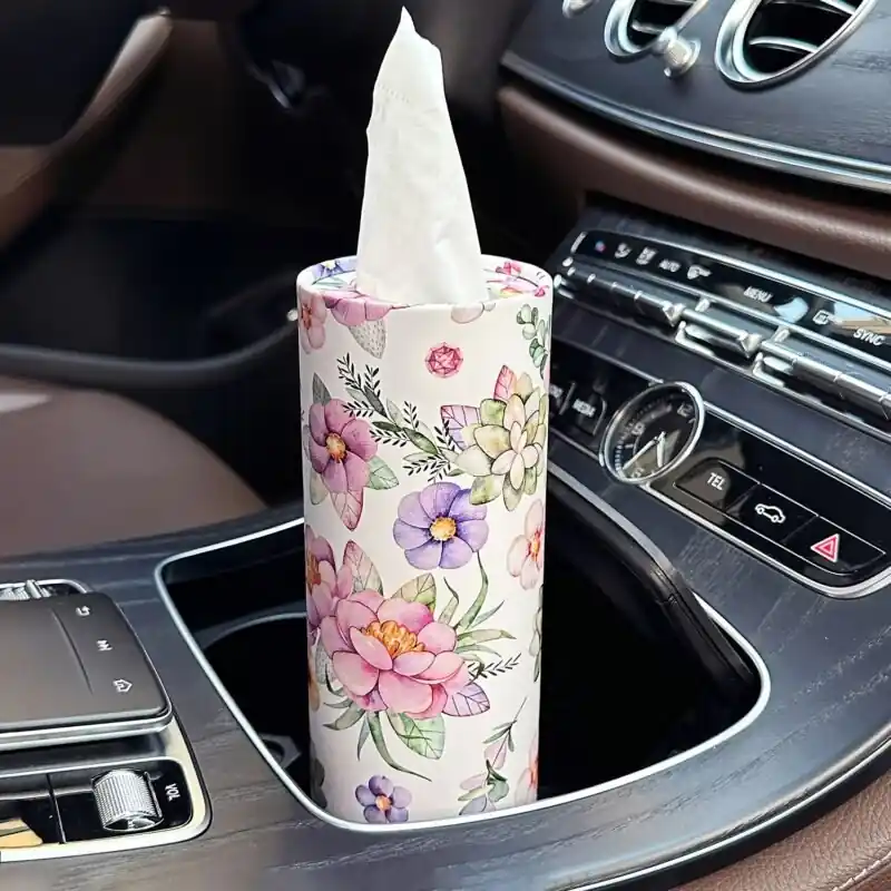 Travel Car Tissue Box Holder With Facial Tissues White Flower Design