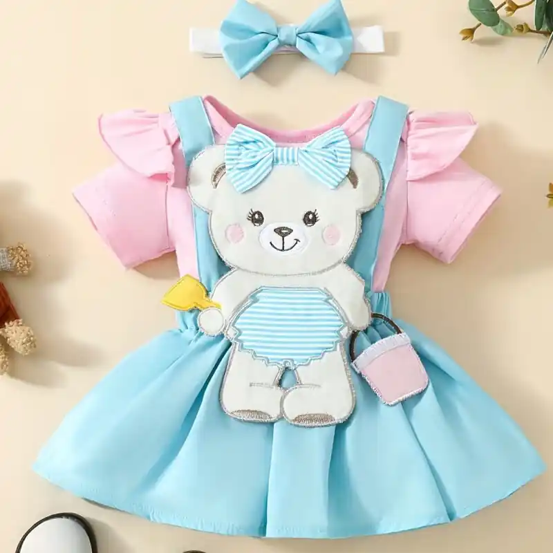 2pcs Summer Baby Girl Bear Romper Suspender Skirt Set With Headband