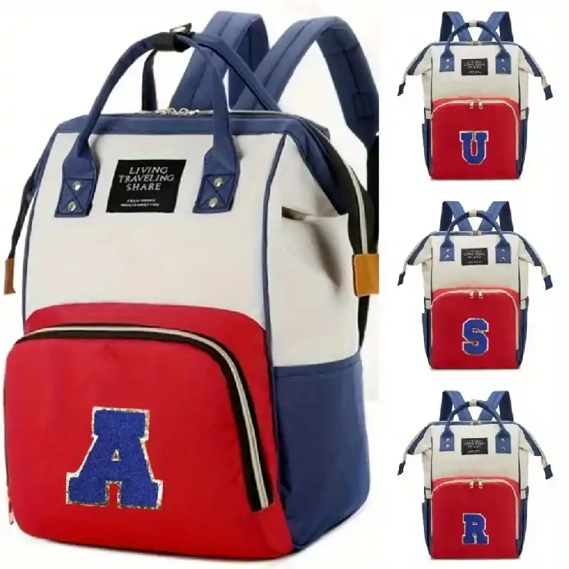 Multifunctional Mommy Diaper Backpack With Bottle Storage Alphabet Embroidery