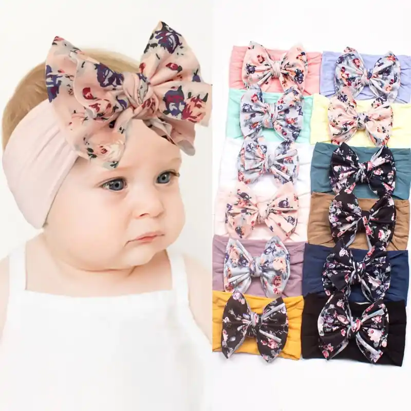 Floral Bow Decor Baby Girls Nylon Headbands Newborntoddler Gift
