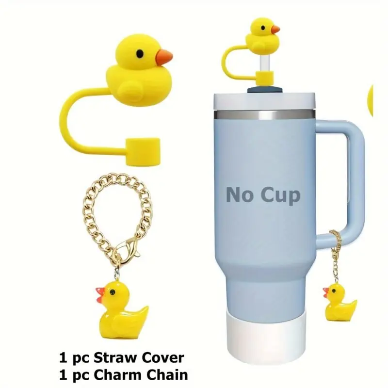 2pc Duckthemed Reusable Silicone Straw Covers Charm Chain Set