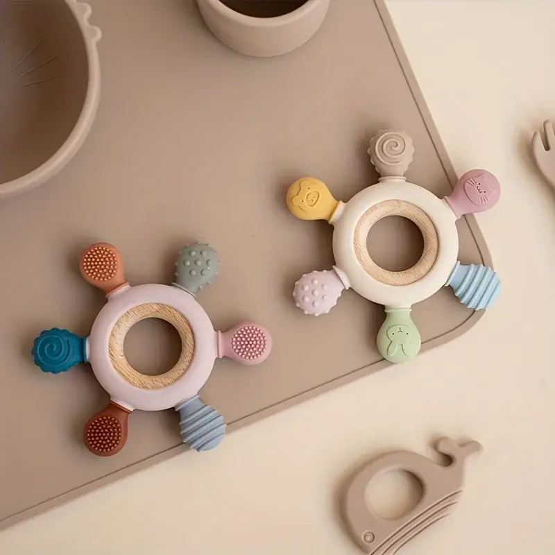 Bpafree Silicone Baby Teether Ring Wooden Rudder Shape Touch Training Chew Toy