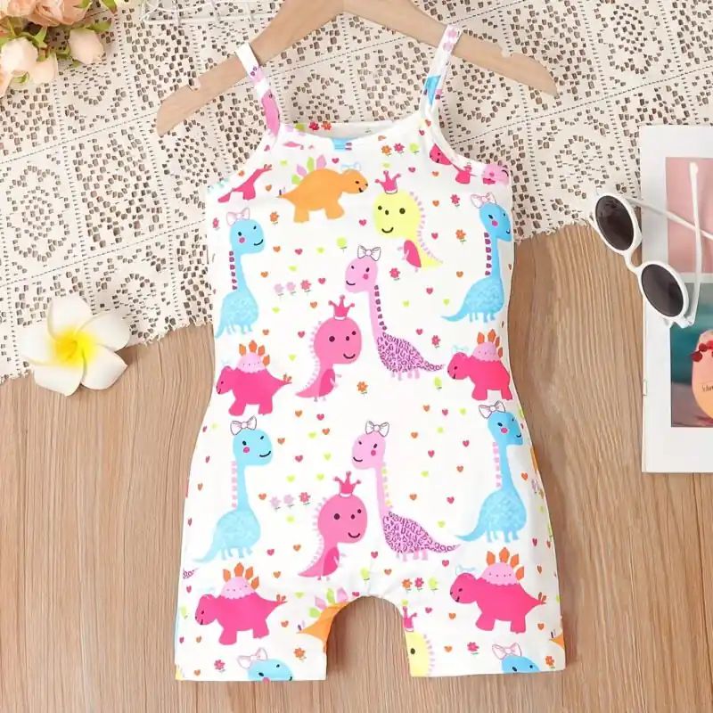 Girls Toddler Dinosaur Romper Cute Cartoon Graphic Summer Jumpsuit For Beach Vacation