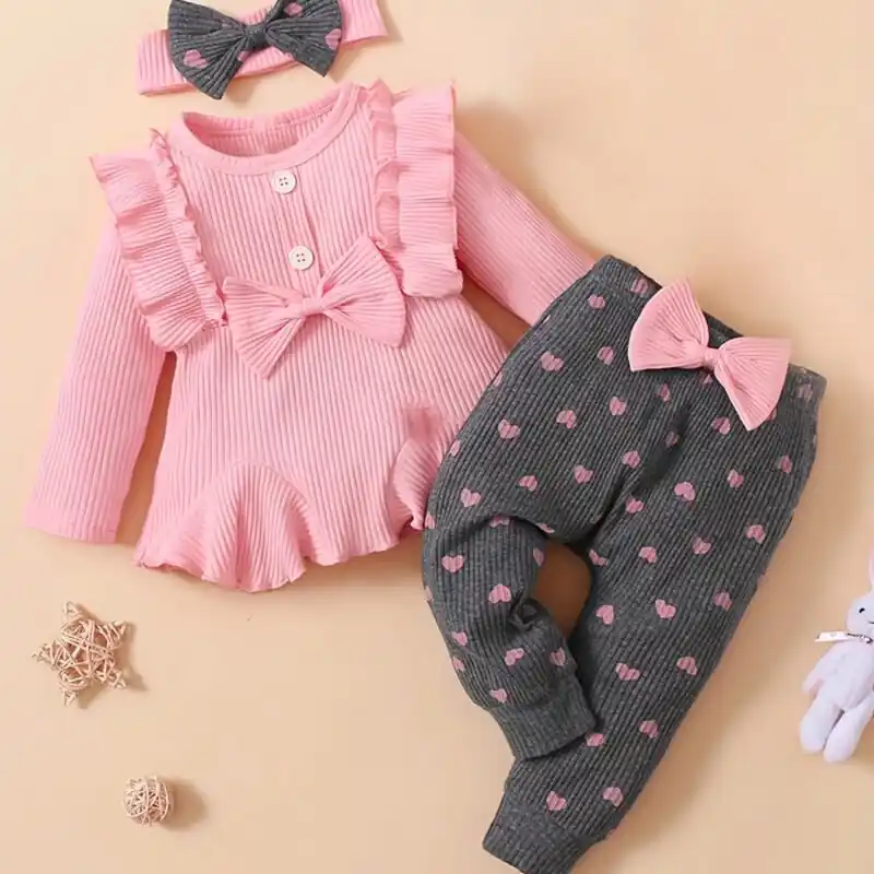 3piece Baby Girl Outfit Chic Ruffle Top Comfortable Leggings Cute Bow Headband