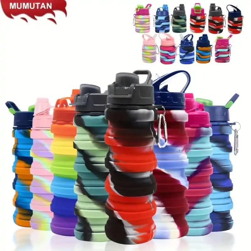 Leakproof Reusable Silicone Sports Water Bottle With Foldable Carabiner