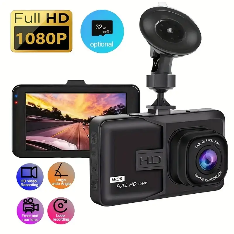 Hd 1080p 3inch Dash Cam With Night Vision Suction Cup Cycle Recording