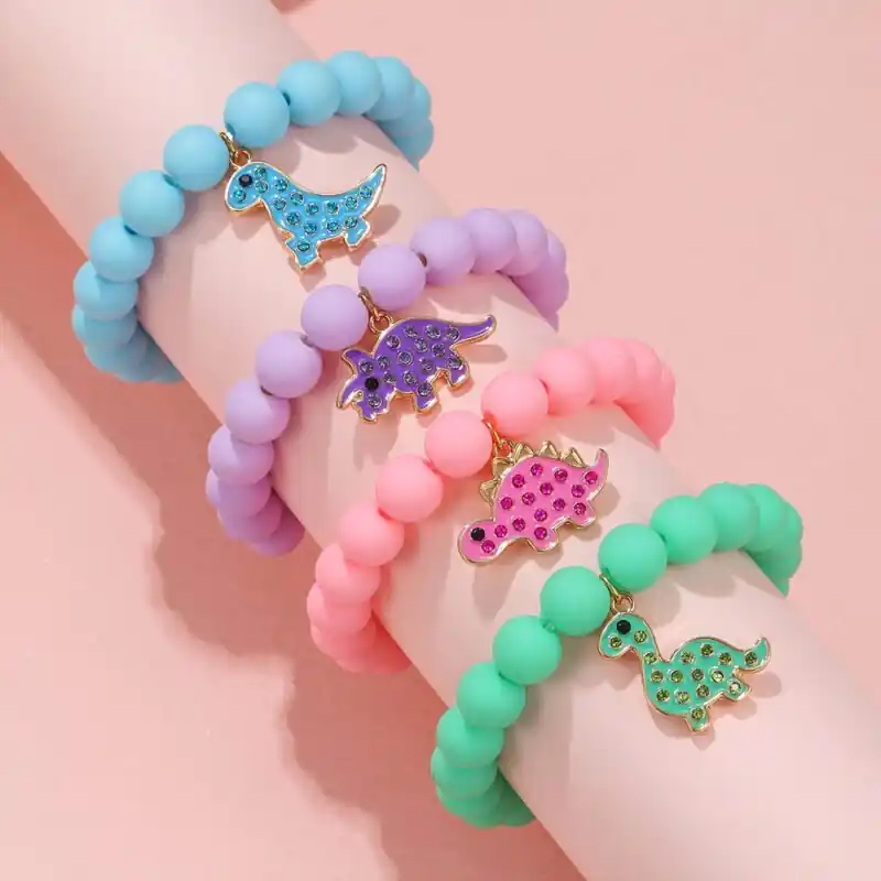 4pcs Girls Dinosaur Pendant Bracelets With Colorful Beads Perfect Gift