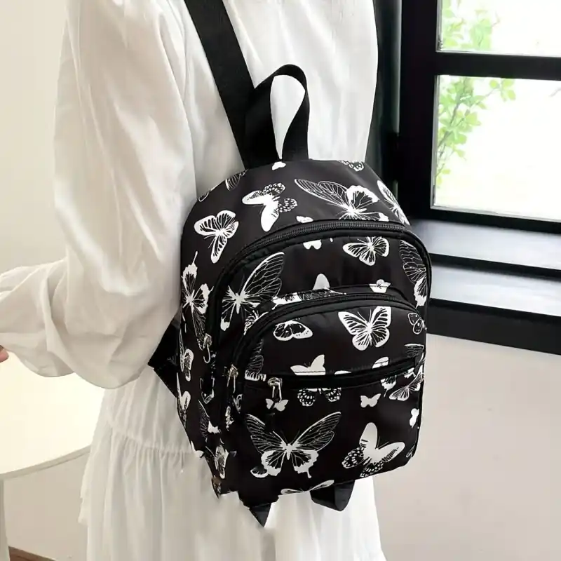 Durable Lightweight Nylon Backpack With Butterfly Pattern For School Travel