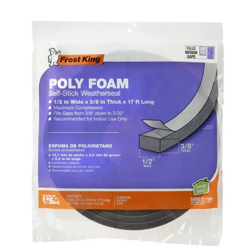 Charcoal Poly Foam Weather Seal For Doors And Windows 17 Ft. L X 0.38 In.