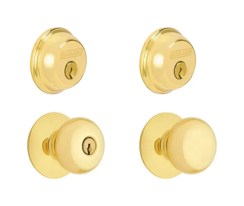 Bright Brass Double Cylinder Deadbolt & Plymouth Knob Combo Pack