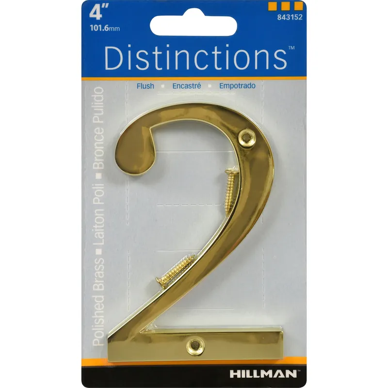 Distinctions House Address Number 2, Screw-In, Polished Brass, 4-In.