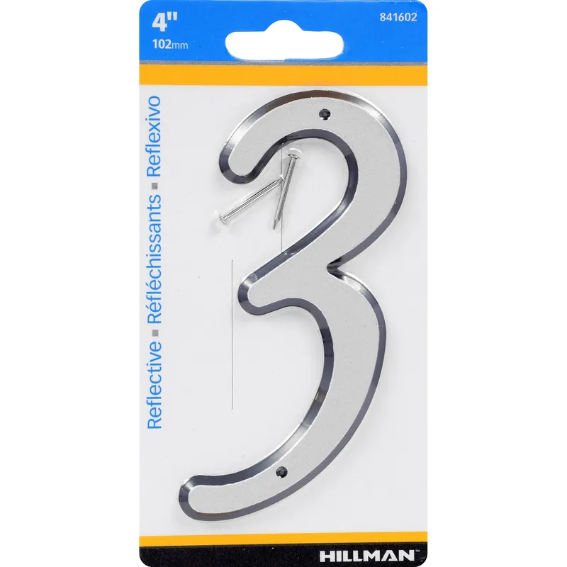 House Address Number 3, Nail-On, Reflective Plastic, 4-In.