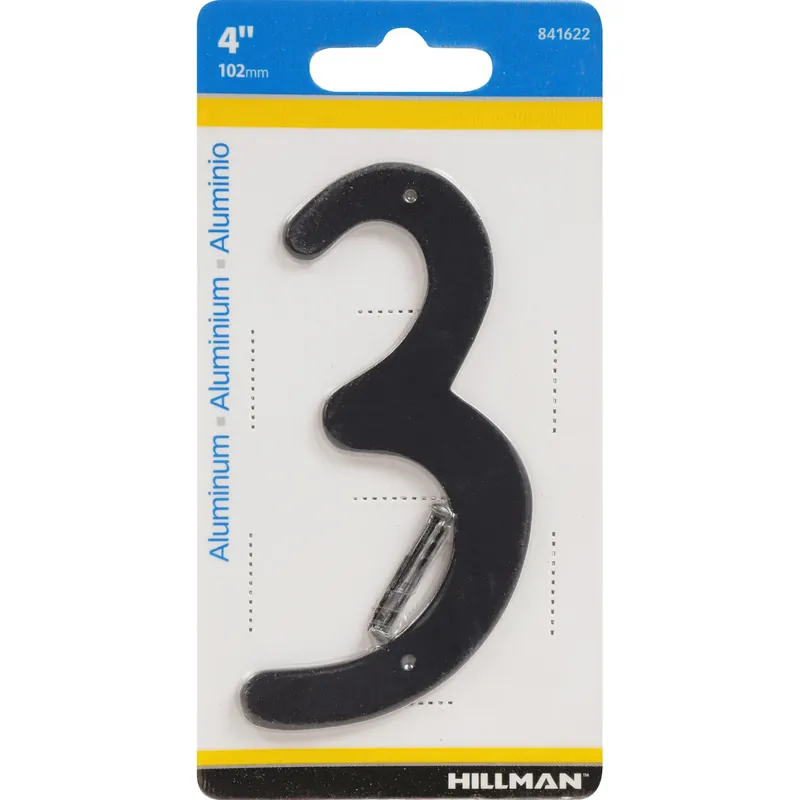 House Address Number 3, Nail-On, Black Finished Aluminum, 4-In.