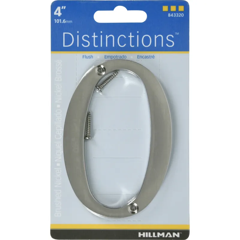 Distinctions House Address Number 0, Screw-In, Brushed Nickel Zinc, 4-In.