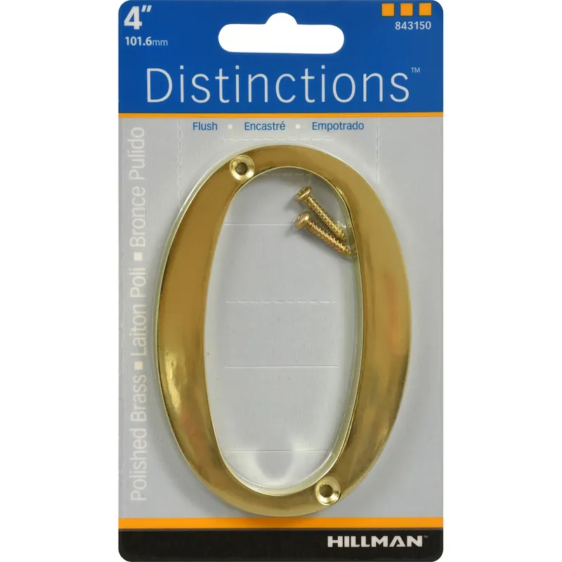 Distinctions House Address Number 0, Screw-In, Polished Brass, 4-In.