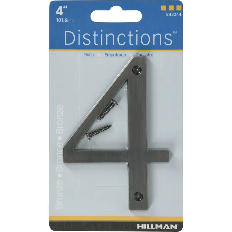 Distinctions House Address Number 4, Screw-In, Bronze Zinc, 4-In.