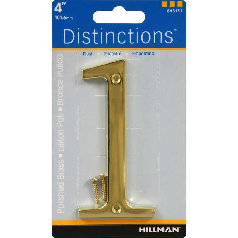 Distinctions House Address Number 1, Screw-In, Polished Brass, 4-In.