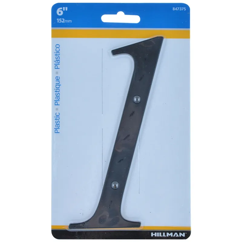 House Address Number 1, Nail-on, Black Plastic, 6-In.