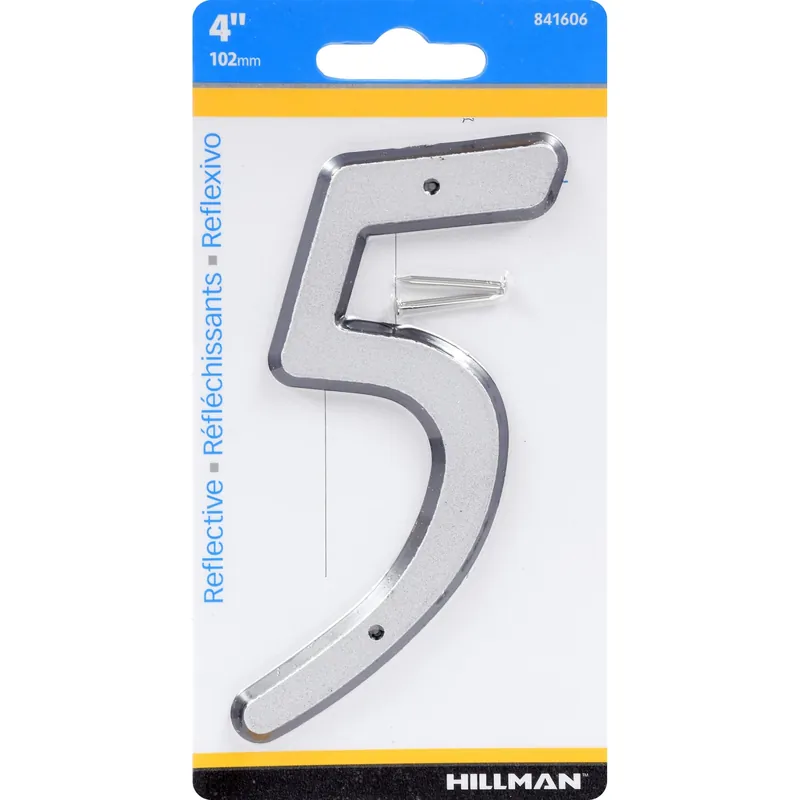House Address Number 5, Nail-On, Reflective Plastic, 4-In.