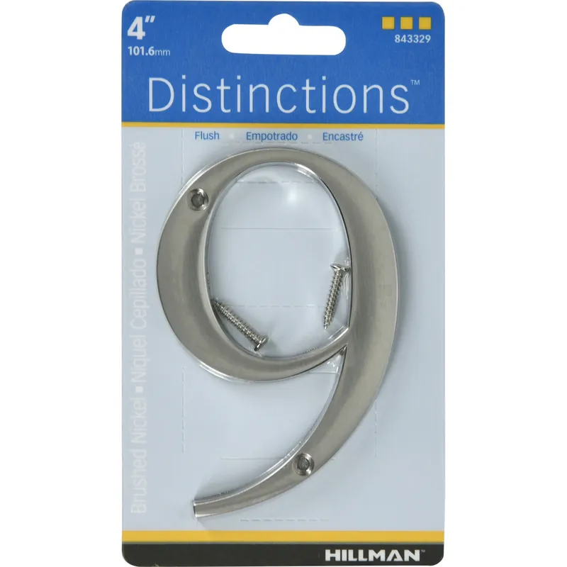 Distinctions House Address Number 9, Screw-In, Brushed Nickel Zinc, 4-In.