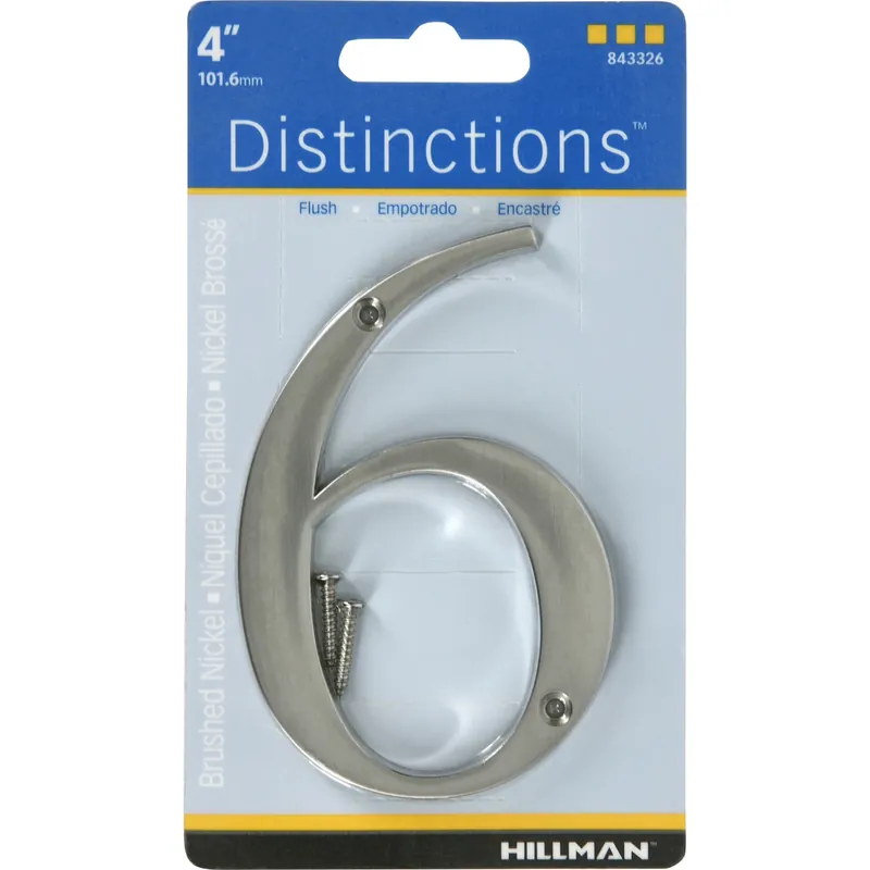 Distinctions House Address Number 6, Screw-In, Brushed Nickel Zinc, 4-In.