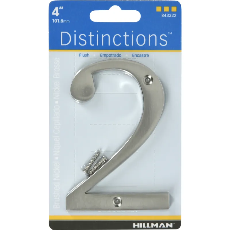 Distinctions House Address Number 2, Screw-In, Brushed Nickel Zinc, 4-In.