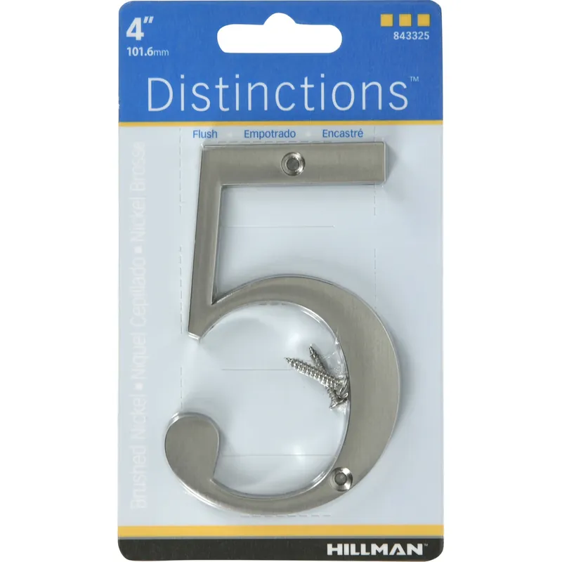 Distinctions House Address Number 5, Screw-In, Brushed Nickel Zinc, 4-In.